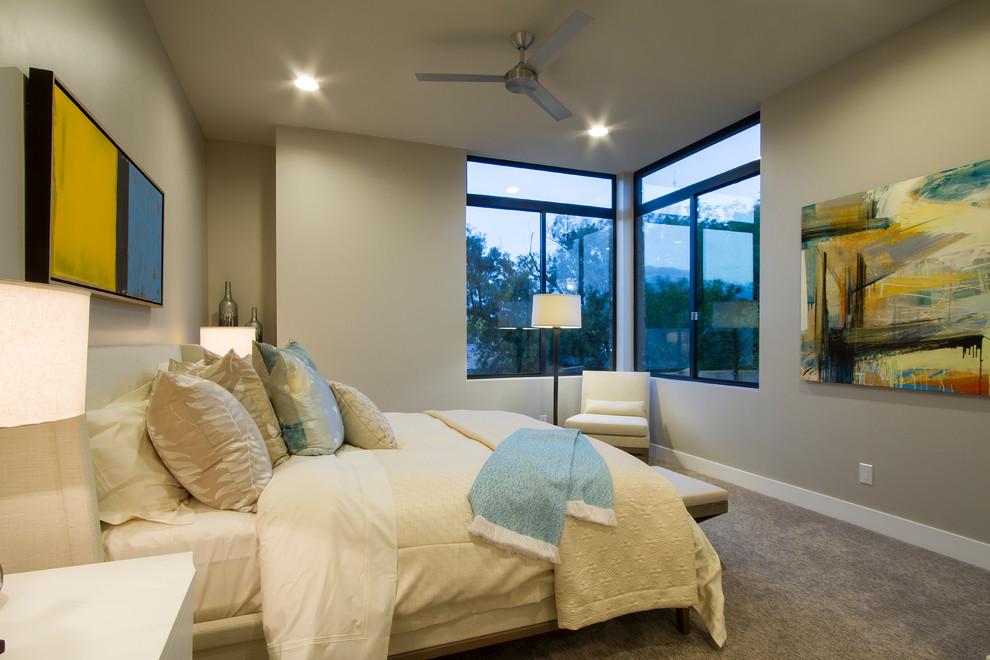 Bedroom - mid-sized contemporary guest carpeted and gray floor bedroom idea in Phoenix with gray walls