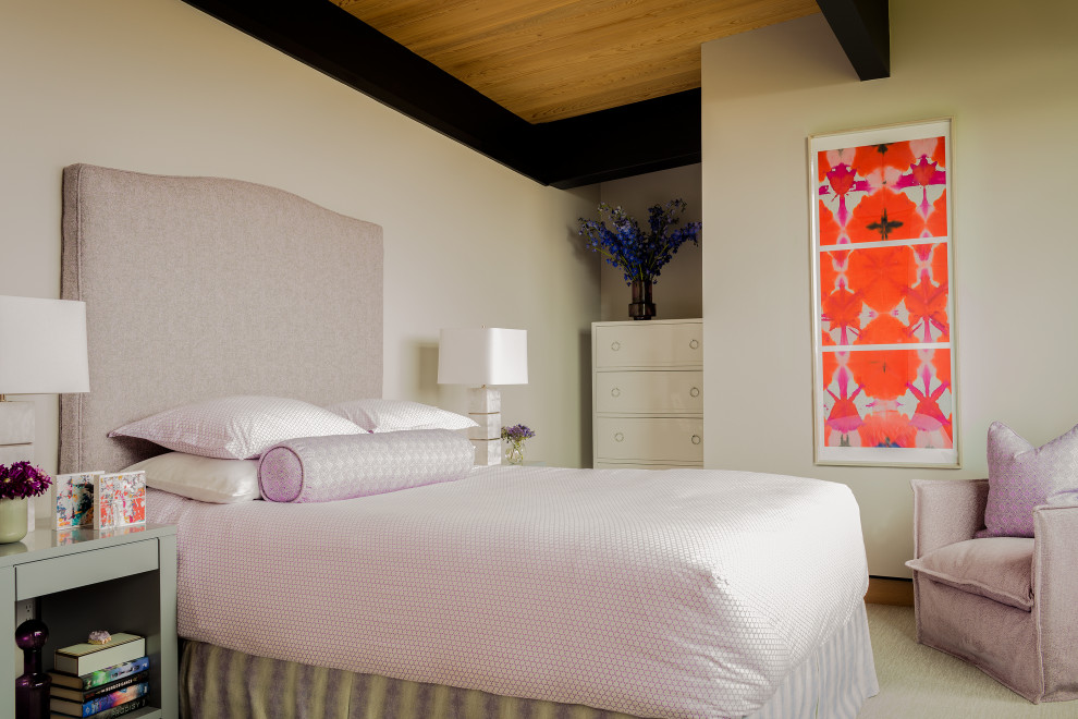Идея дизайна: гостевая спальня (комната для гостей) в современном стиле с бежевыми стенами, ковровым покрытием, бежевым полом и многоуровневым потолком