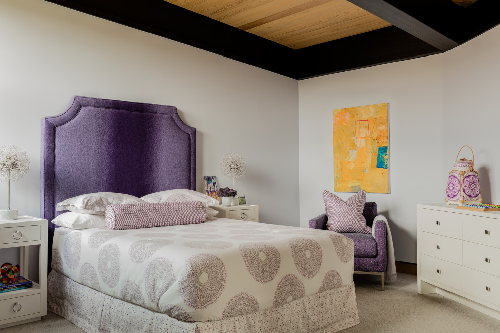 Пример оригинального дизайна: гостевая спальня (комната для гостей) в современном стиле с белыми стенами, ковровым покрытием, бежевым полом и многоуровневым потолком