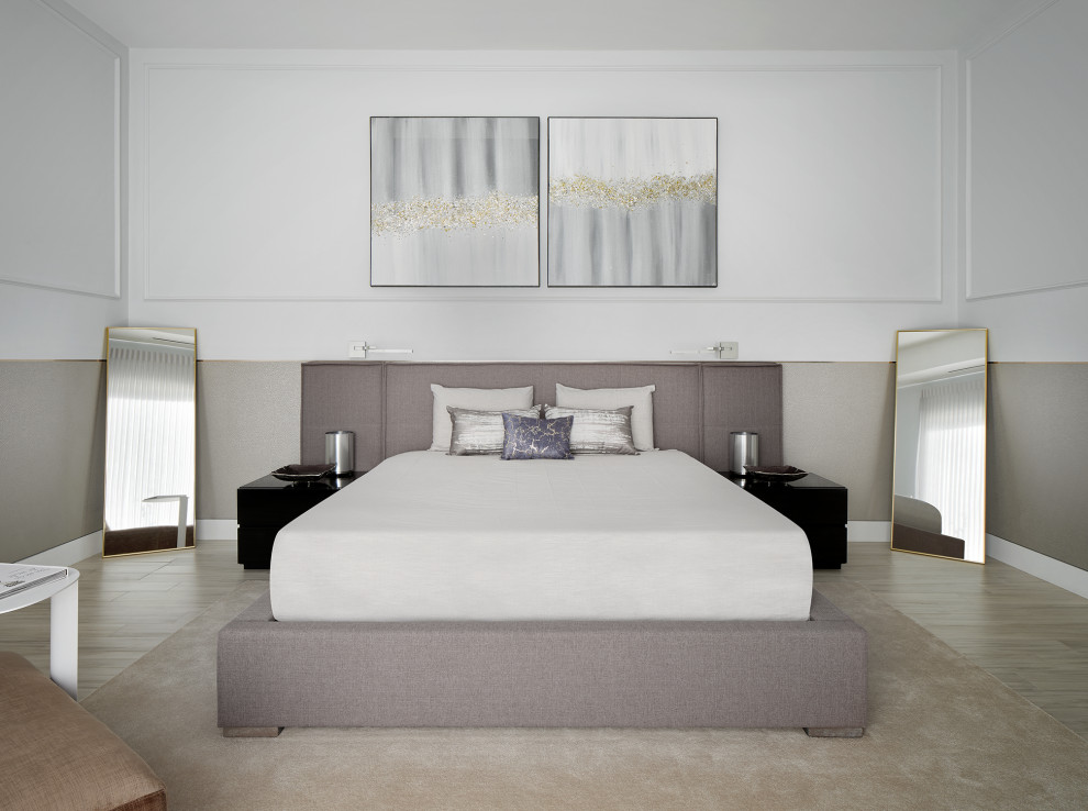 Ejemplo de dormitorio principal minimalista de tamaño medio con paredes blancas, suelo de baldosas de porcelana y suelo multicolor