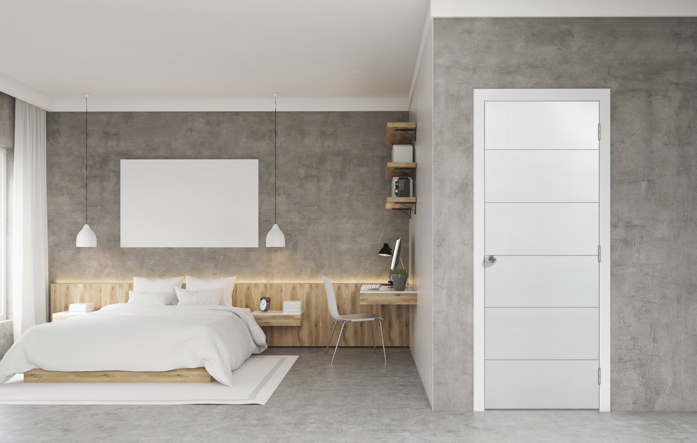 На фото: большая хозяйская спальня в стиле модернизм с серыми стенами, бетонным полом и серым полом без камина