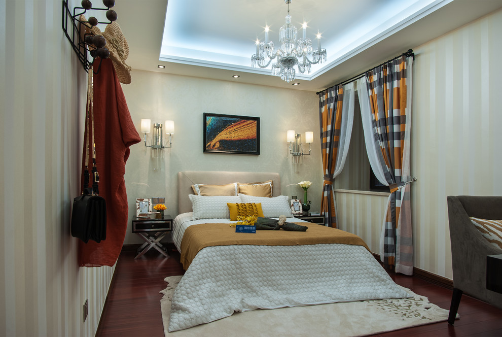 Пример оригинального дизайна: гостевая спальня среднего размера, (комната для гостей) в современном стиле с бежевыми стенами без камина