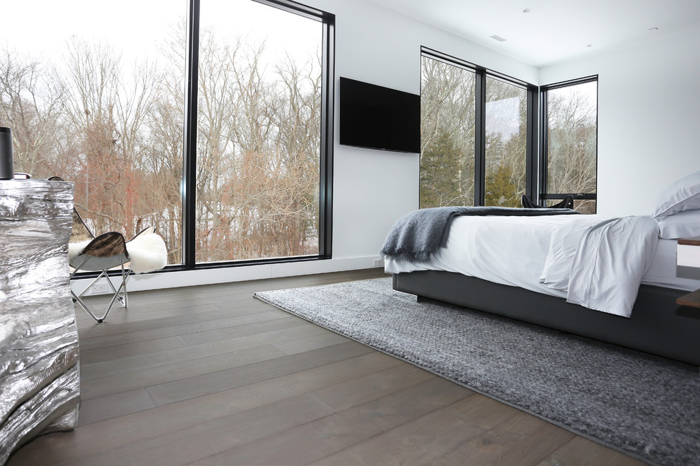 Diseño de dormitorio principal moderno grande sin chimenea con paredes blancas, suelo de madera en tonos medios y suelo gris