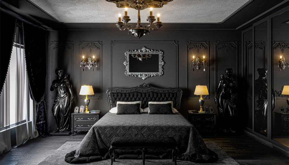 ニューヨークにある広いヴィクトリアン調のおしゃれな主寝室 (黒い壁、セラミックタイルの床、暖炉なし、黒い床、折り上げ天井、羽目板の壁) のインテリア