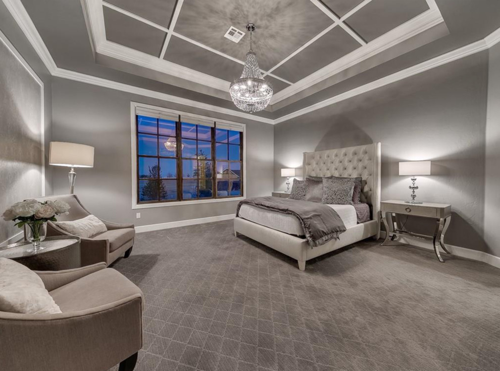 オクラホマシティにあるトランジショナルスタイルのおしゃれな主寝室 (グレーの壁、カーペット敷き、グレーの床)