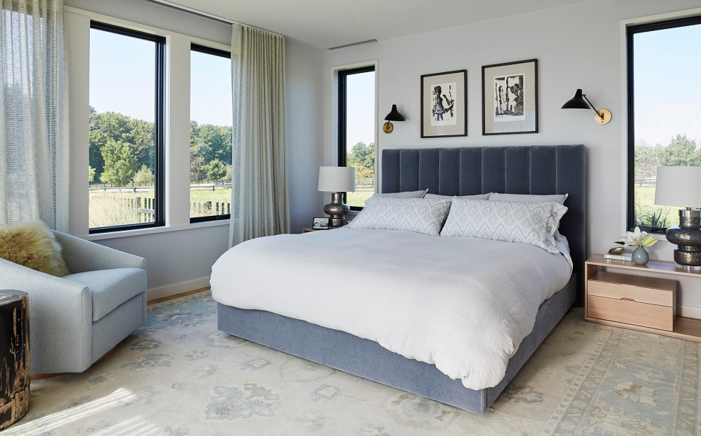 Ejemplo de dormitorio principal minimalista grande con paredes grises, suelo de madera clara y suelo marrón