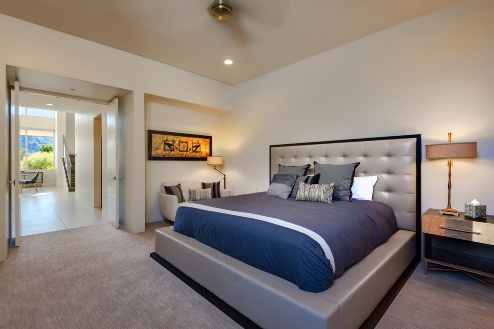 Design ideas for a large modern guest bedroom in Phoenix with white walls, carpet, no fireplace and a stone fireplace surround.