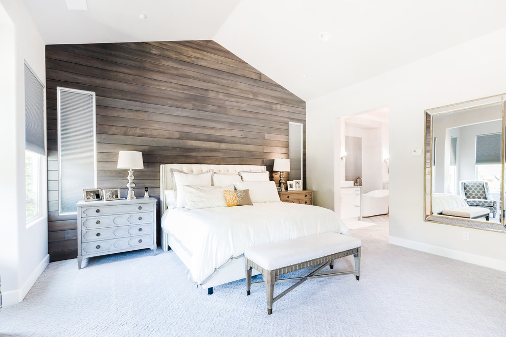 This is an example of a large contemporary master bedroom in Other with grey walls, carpet and grey floors.
