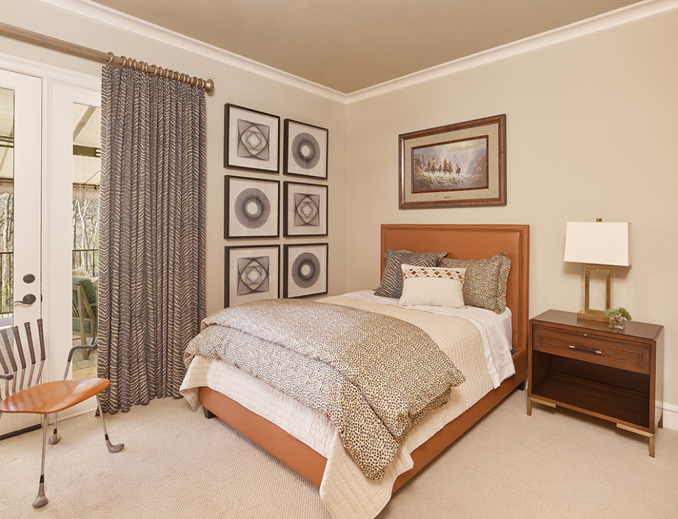 Design ideas for a mediterranean guest bedroom in Dallas with beige walls, carpet, no fireplace and beige floors.