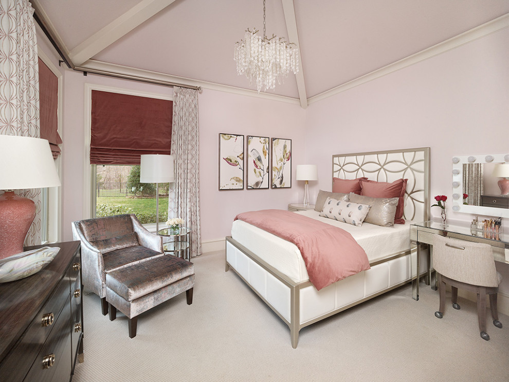 Inspiration for a mediterranean guest bedroom in Dallas with pink walls, carpet, no fireplace and beige floors.