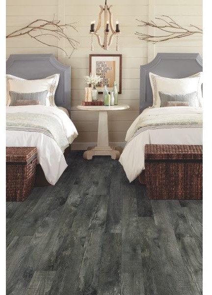 Bedroom - mid-sized rustic guest dark wood floor and gray floor bedroom idea in Orange County with white walls