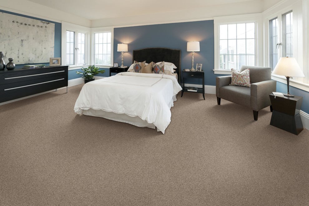Photo of a medium sized traditional master and grey and brown bedroom in Other with blue walls, carpet and no fireplace.