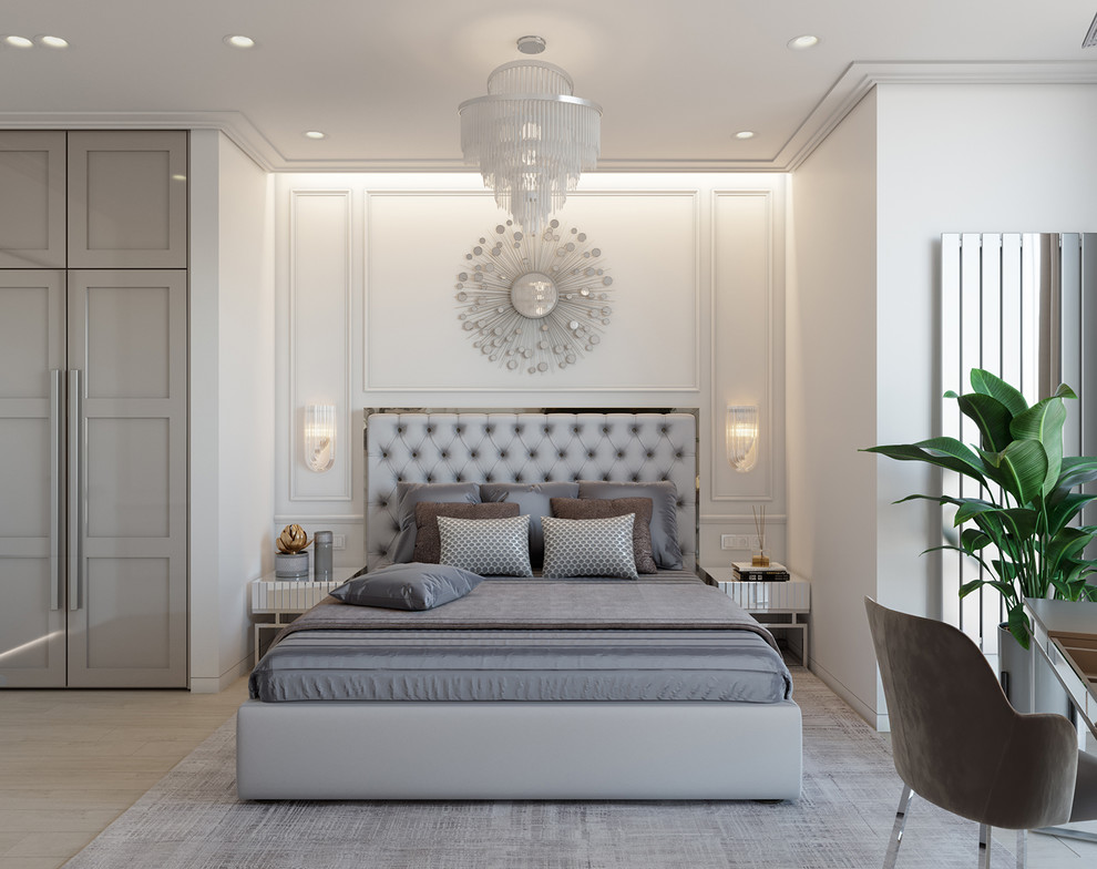Mittelgroßes Stilmix Schlafzimmer ohne Kamin mit weißer Wandfarbe, Porzellan-Bodenfliesen und beigem Boden in Sonstige