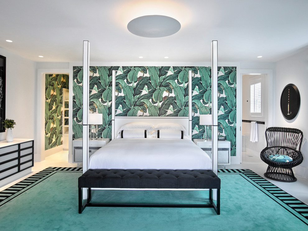 World-inspired master bedroom in New York with white walls and white floors.