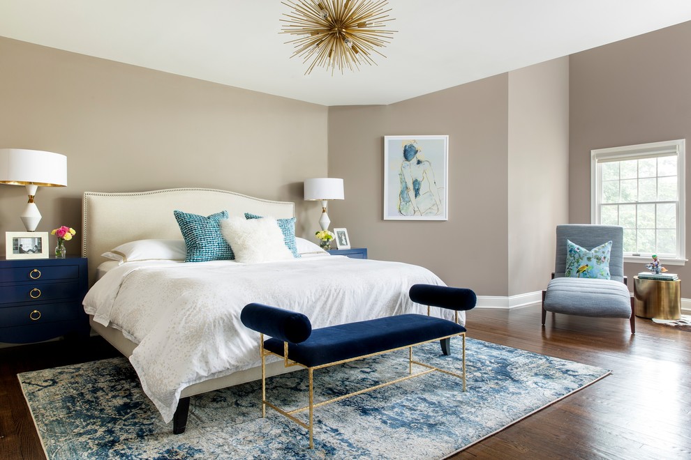 Inspiration for a transitional master dark wood floor bedroom remodel in New York with gray walls