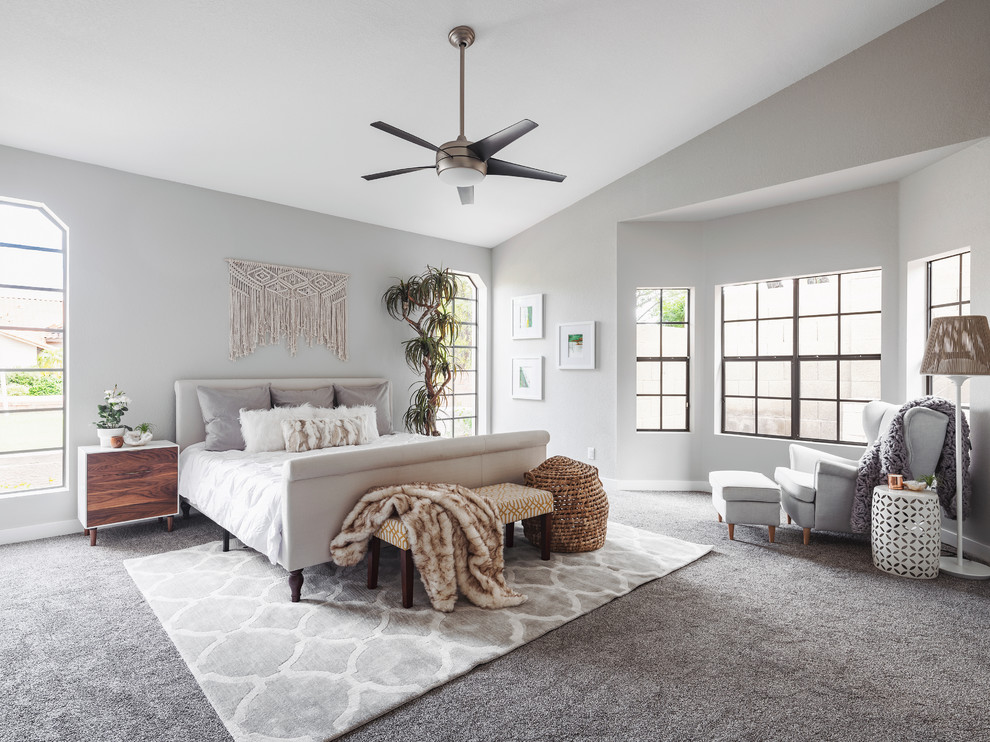 Photo of a contemporary master bedroom in Phoenix with grey walls, carpet, no fireplace and grey floors.