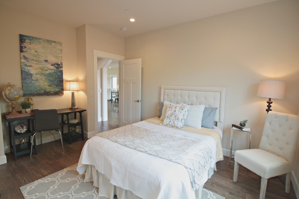 Design ideas for a small coastal master bedroom in Nashville with beige walls, medium hardwood flooring and no fireplace.