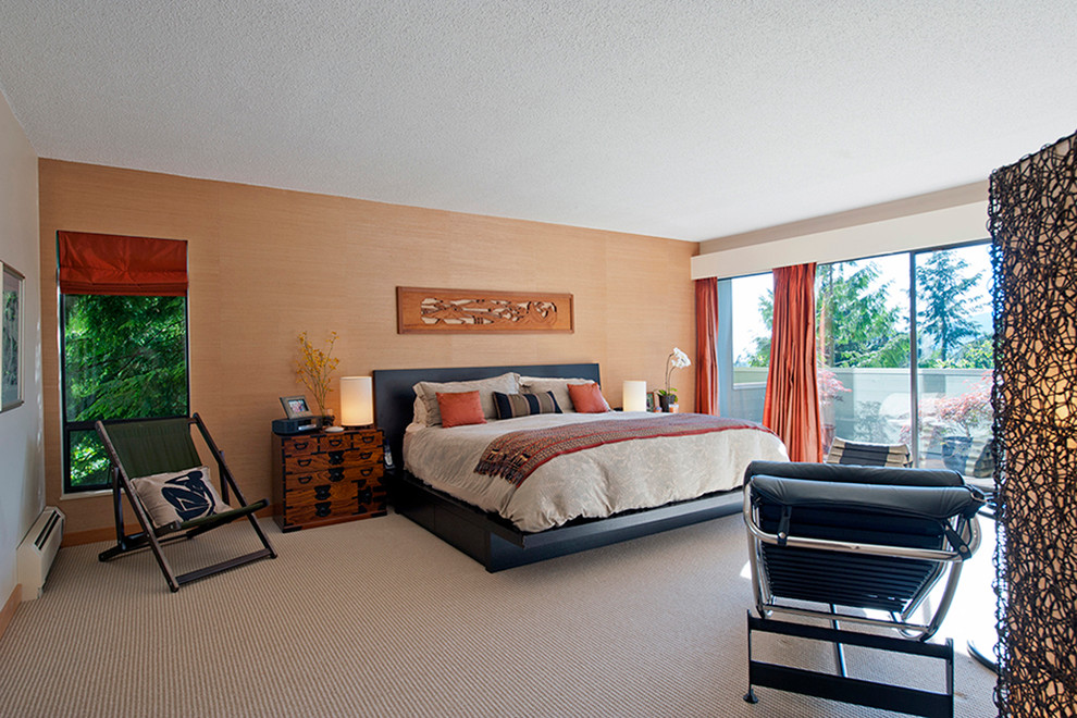 Example of a large asian master carpeted and beige floor bedroom design in Vancouver with beige walls and no fireplace