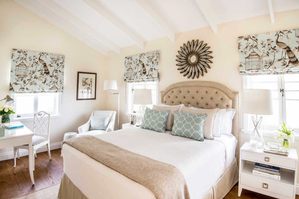 Design ideas for a medium sized beach style master bedroom in Brisbane with beige walls and dark hardwood flooring.