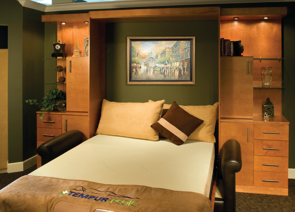 Cette image montre une petite chambre design avec un mur vert et un sol vert.