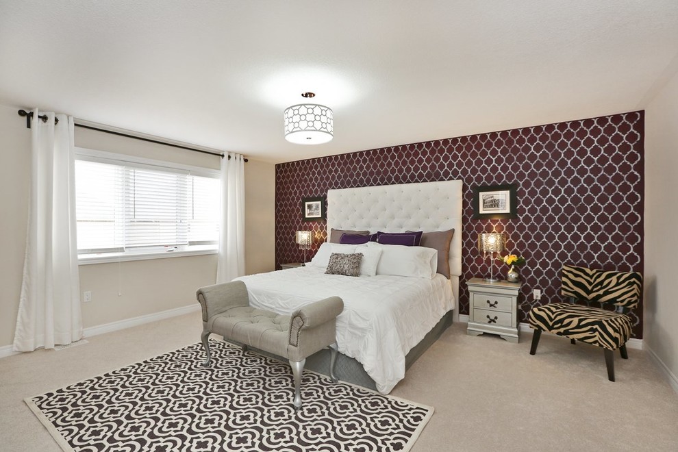 Photo of a bedroom in New York with purple walls and carpet.