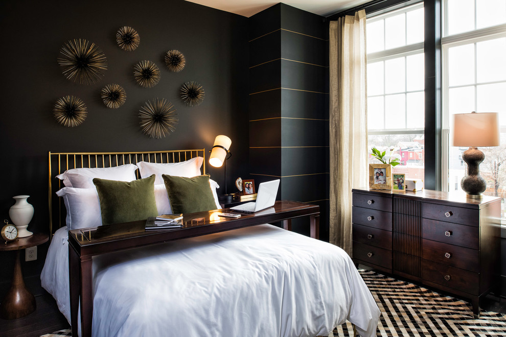 Inspiration for a contemporary master bedroom in DC Metro with black walls.