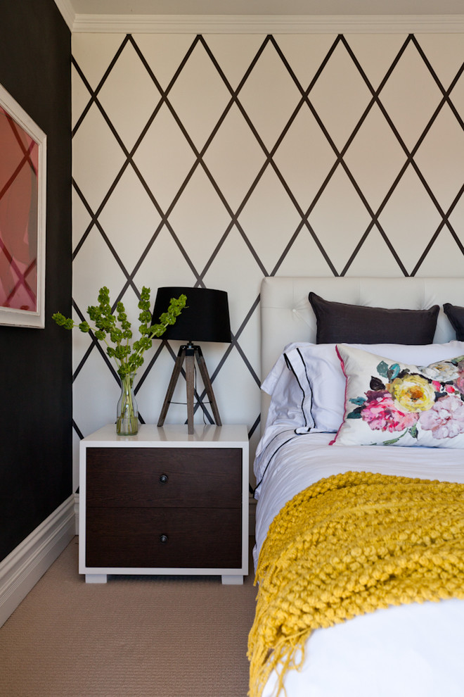 Bedroom - mid-sized transitional carpeted bedroom idea in Perth with black walls