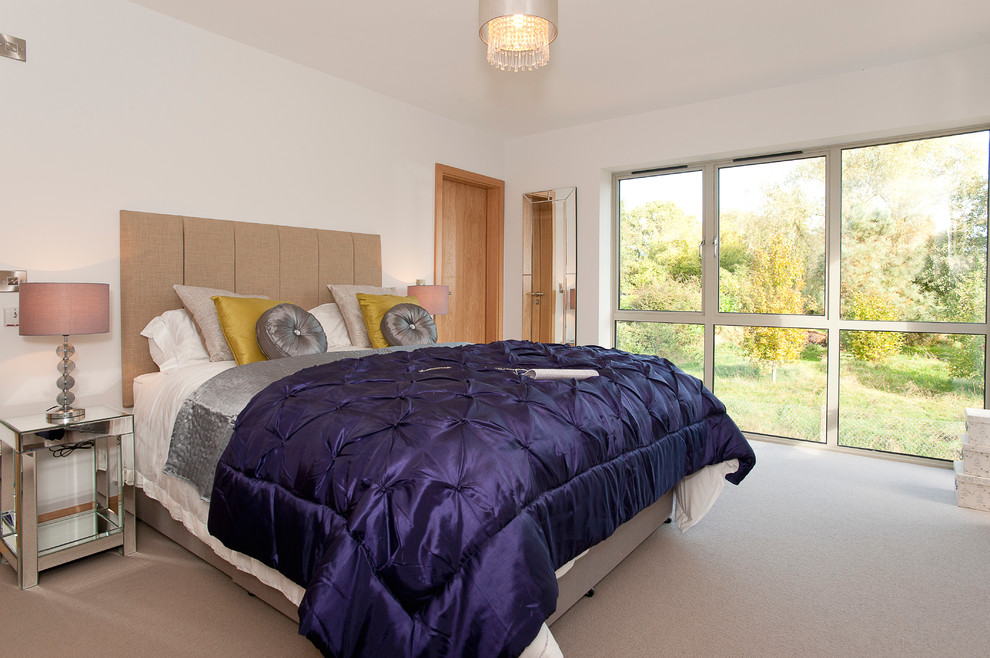 Design ideas for a contemporary bedroom in Dorset with white walls and carpet.