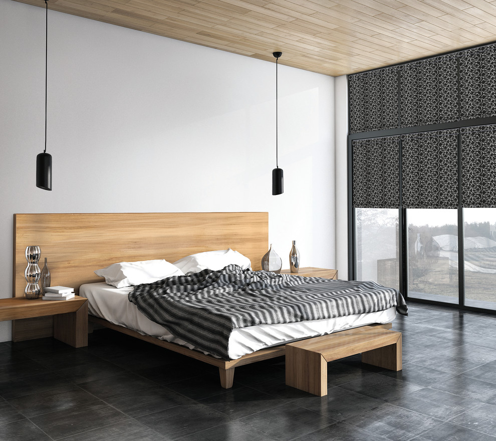 На фото: хозяйская спальня среднего размера в стиле модернизм с бежевыми стенами с