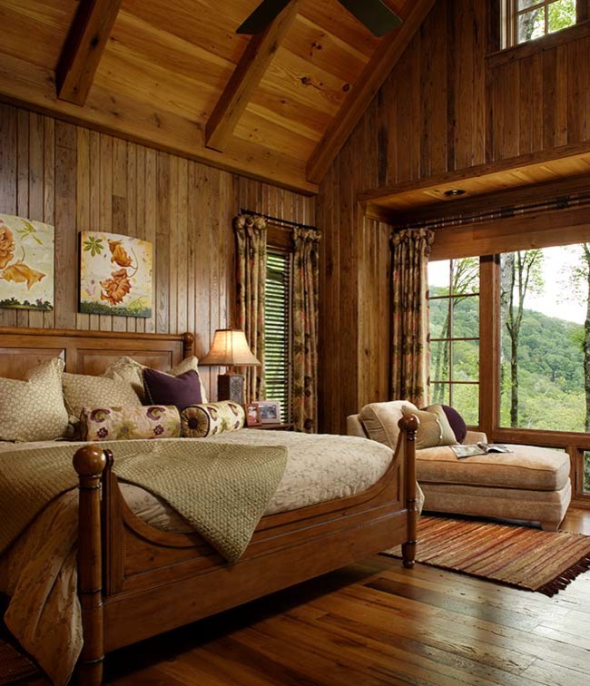 Idées déco pour une chambre montagne avec un sol en bois brun.
