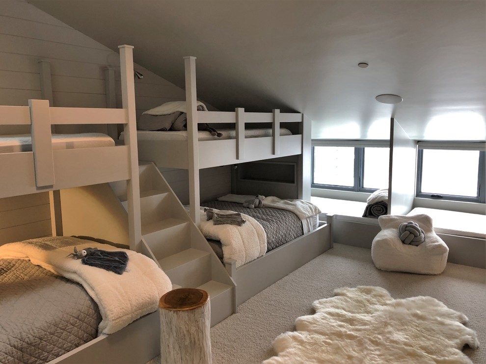Example of a mid-sized trendy guest carpeted and gray floor bedroom design in Denver with gray walls and no fireplace