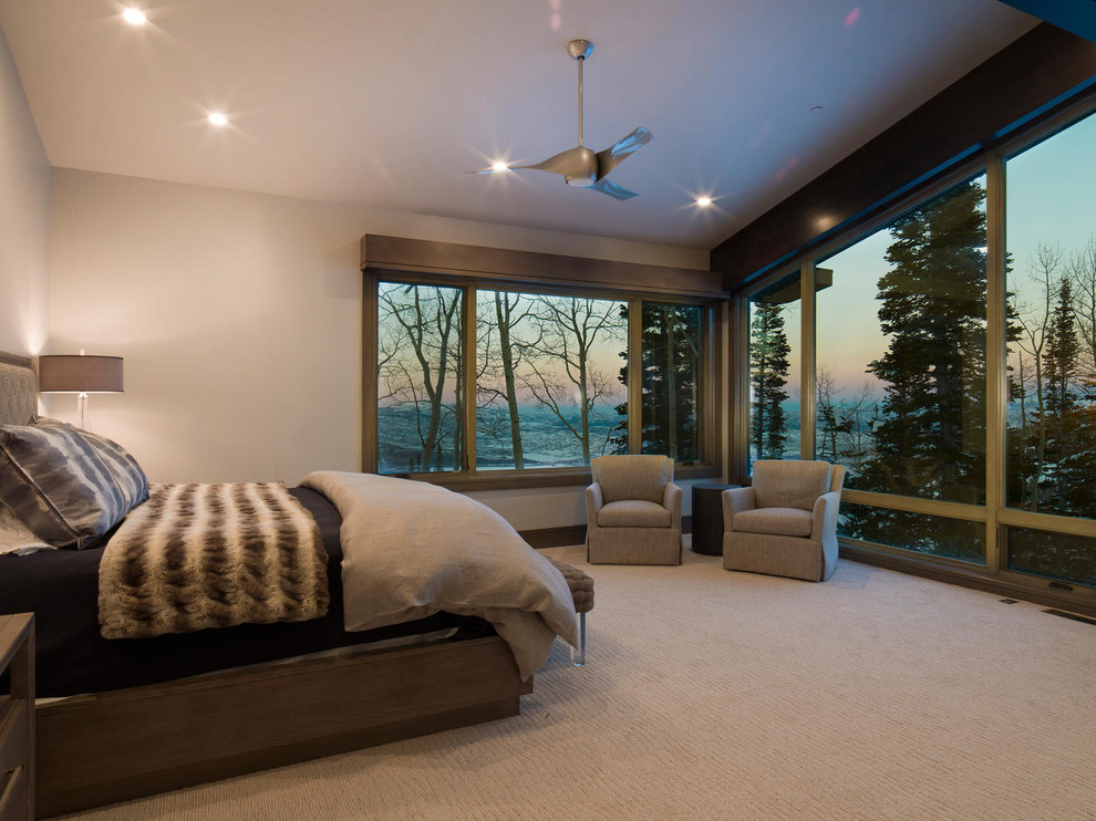 Expansive contemporary master bedroom in Salt Lake City with grey walls, carpet, a corner fireplace and a metal fireplace surround.