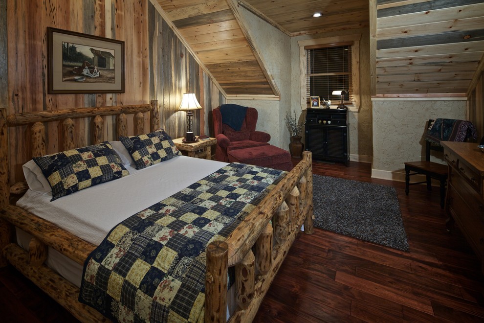 Exempel på ett rustikt sovrum