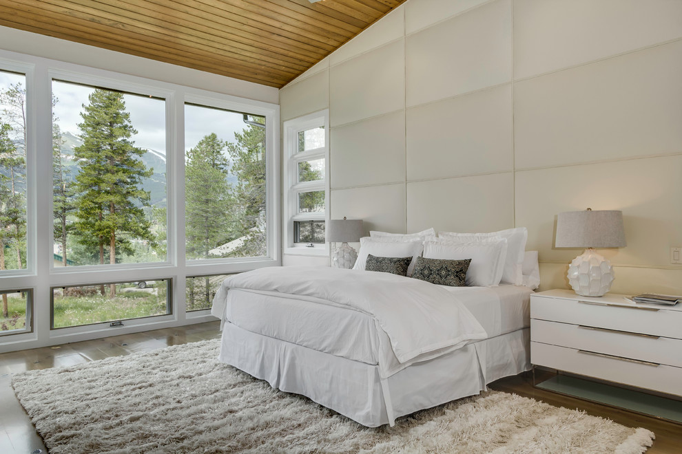 Großes Modernes Hauptschlafzimmer ohne Kamin mit weißer Wandfarbe und braunem Holzboden in Denver