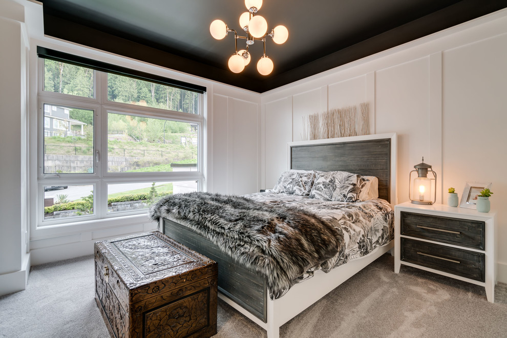 Ejemplo de dormitorio contemporáneo con paredes blancas, moqueta y suelo gris
