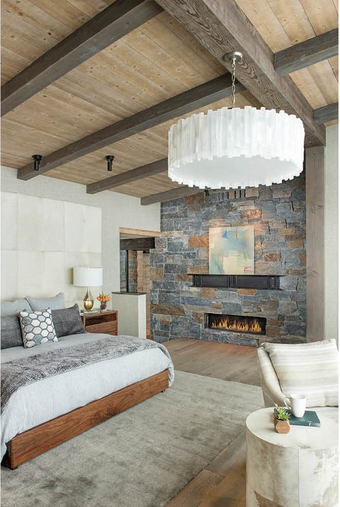 Cette image montre une grande chambre parentale chalet avec un mur gris, un sol en bois brun, une cheminée ribbon, un manteau de cheminée en pierre et un sol marron.