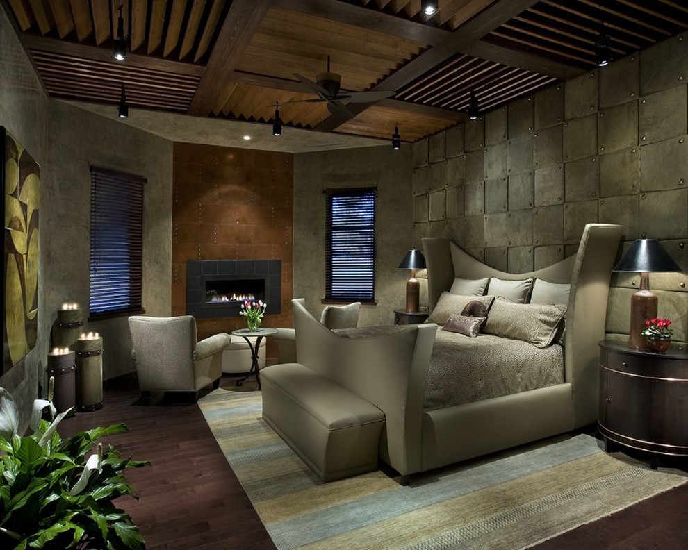 フェニックスにある広いコンテンポラリースタイルのおしゃれな主寝室 (グレーの壁、濃色無垢フローリング、標準型暖炉、金属の暖炉まわり)