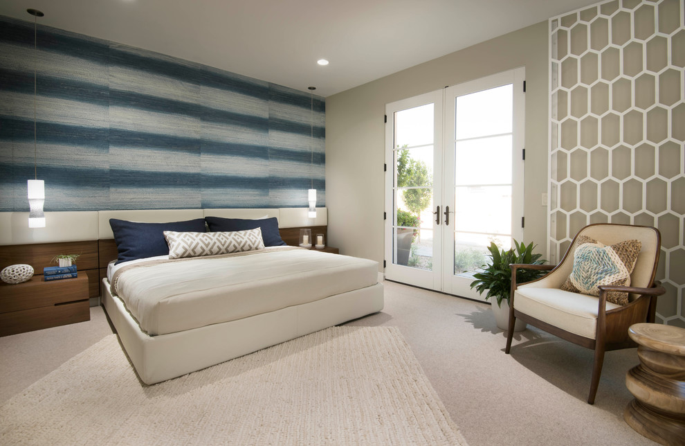 Bedroom - large contemporary master carpeted and beige floor bedroom idea in Phoenix with blue walls and no fireplace