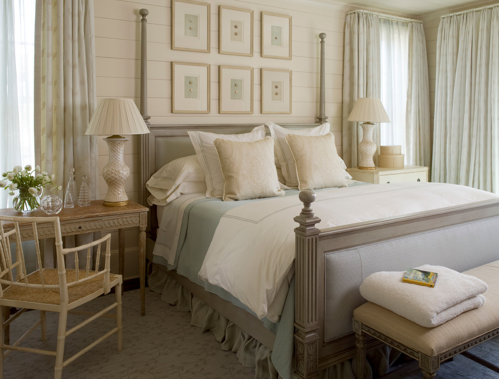 Bedroom - large traditional master dark wood floor bedroom idea in Raleigh with white walls