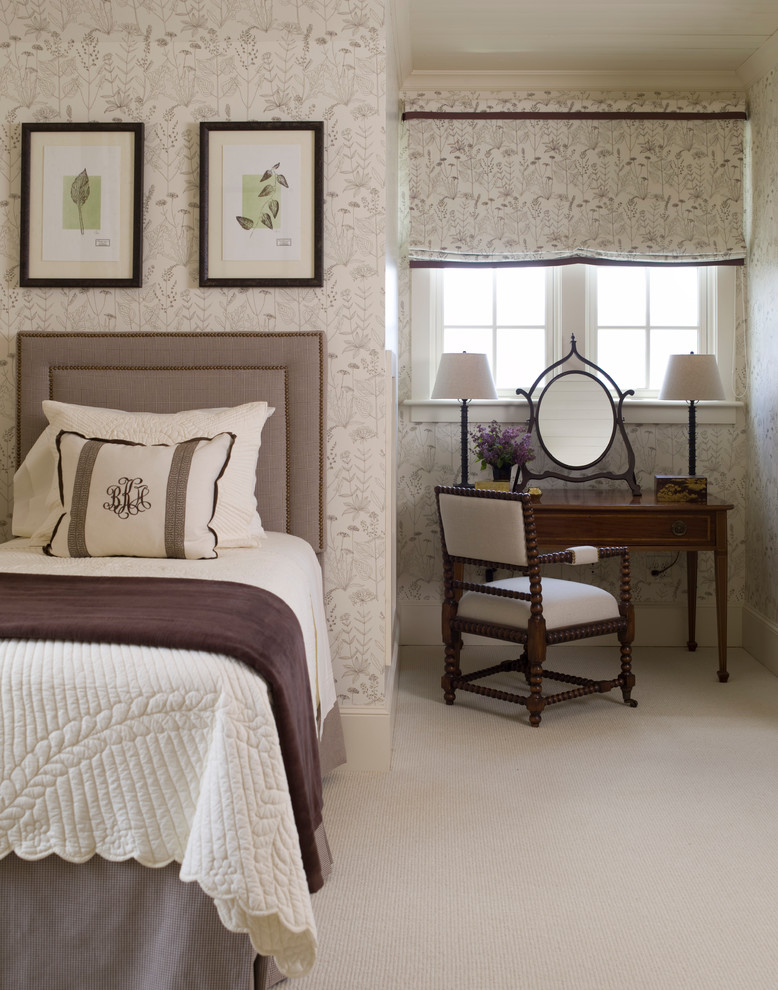Inspiration for a large timeless guest dark wood floor bedroom remodel in Raleigh with white walls