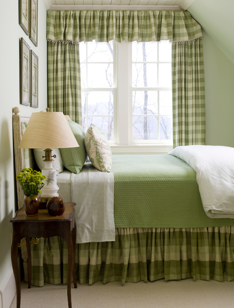 Bedroom - large traditional guest dark wood floor bedroom idea in Raleigh with green walls