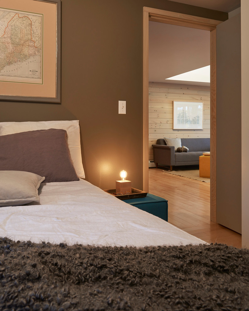 Foto di una piccola camera degli ospiti minimalista con pareti grigie, parquet chiaro e pavimento beige