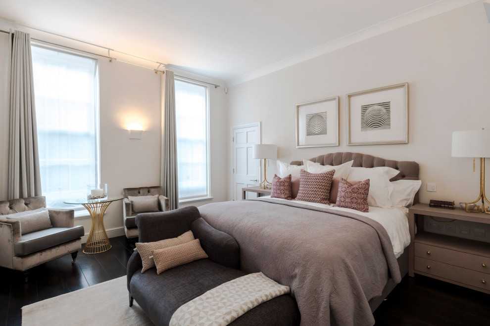 Design ideas for a classic bedroom in Surrey with grey walls, dark hardwood flooring and brown floors.