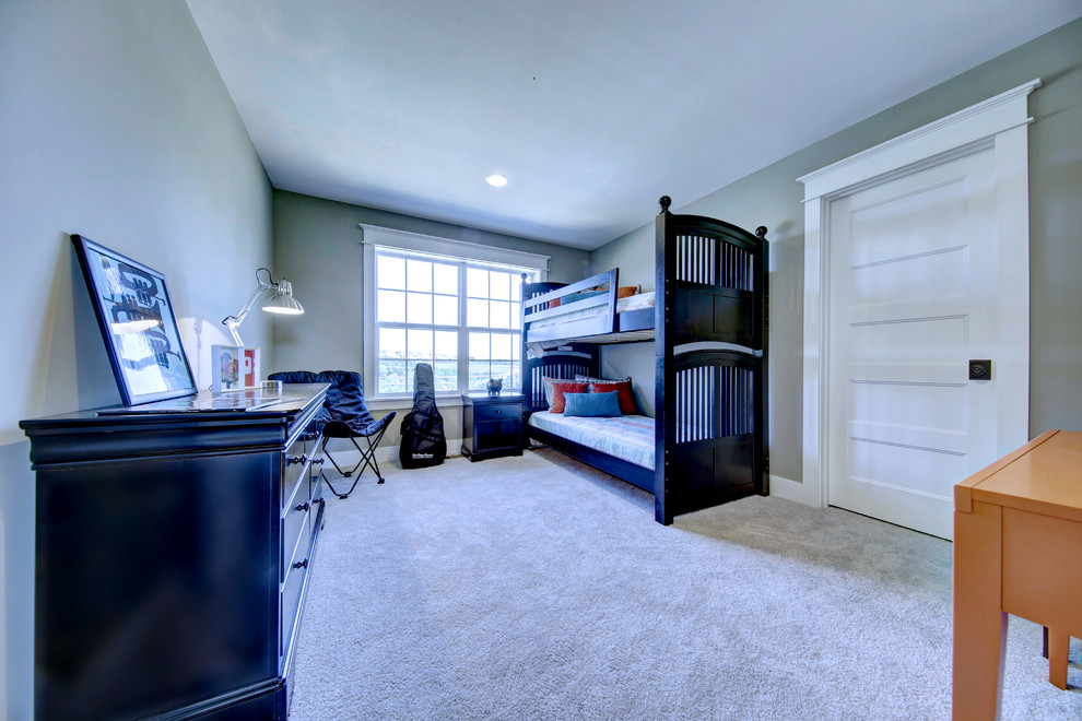Example of a mid-sized transitional guest carpeted bedroom design in Other with gray walls and no fireplace