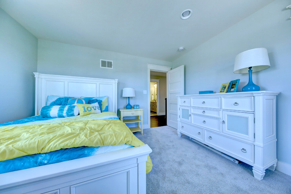 Bedroom - mid-sized transitional guest carpeted bedroom idea in Other with gray walls and no fireplace