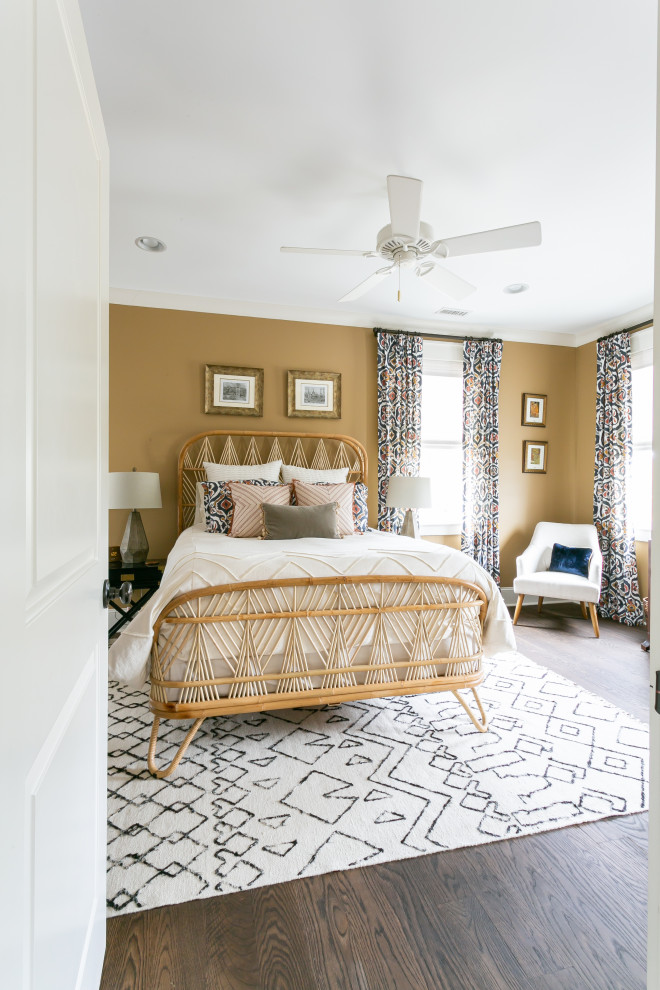 Inspiration for a mid-sized timeless guest dark wood floor and brown floor bedroom remodel in Charleston with brown walls