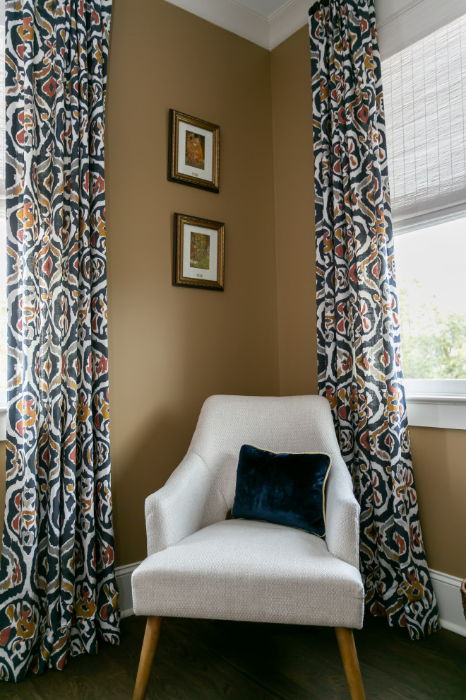 Mid-sized elegant guest dark wood floor and brown floor bedroom photo in Charleston with brown walls