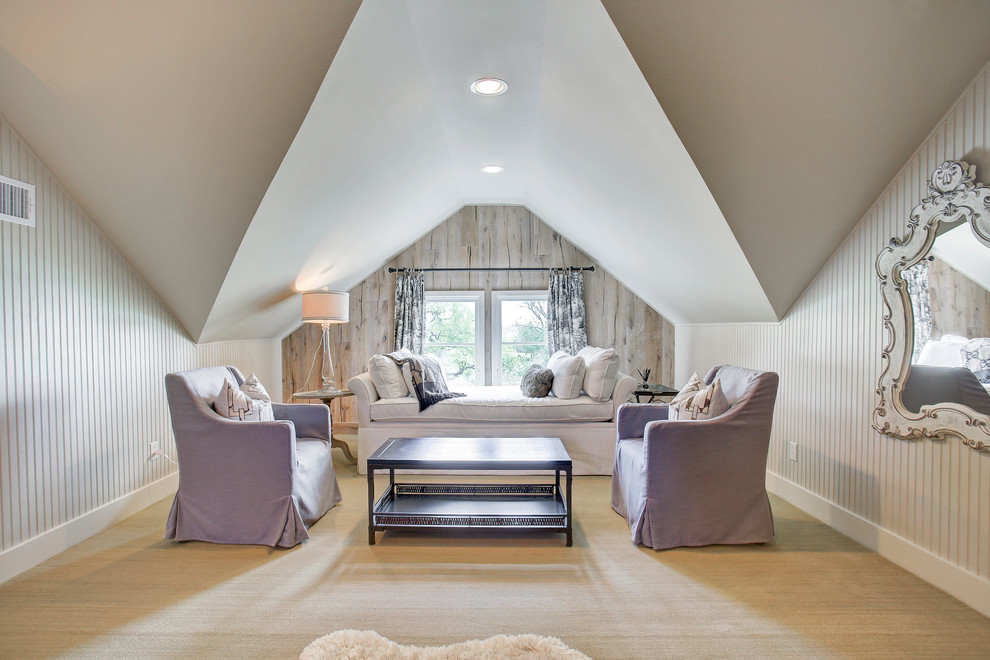 Classic loft bedroom in Houston with light hardwood flooring and brown floors.