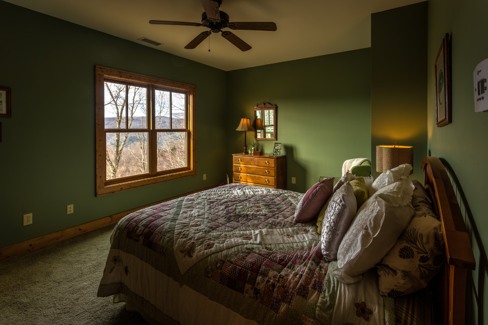 Идея дизайна: гостевая спальня среднего размера, (комната для гостей) в стиле рустика с зелеными стенами и ковровым покрытием без камина
