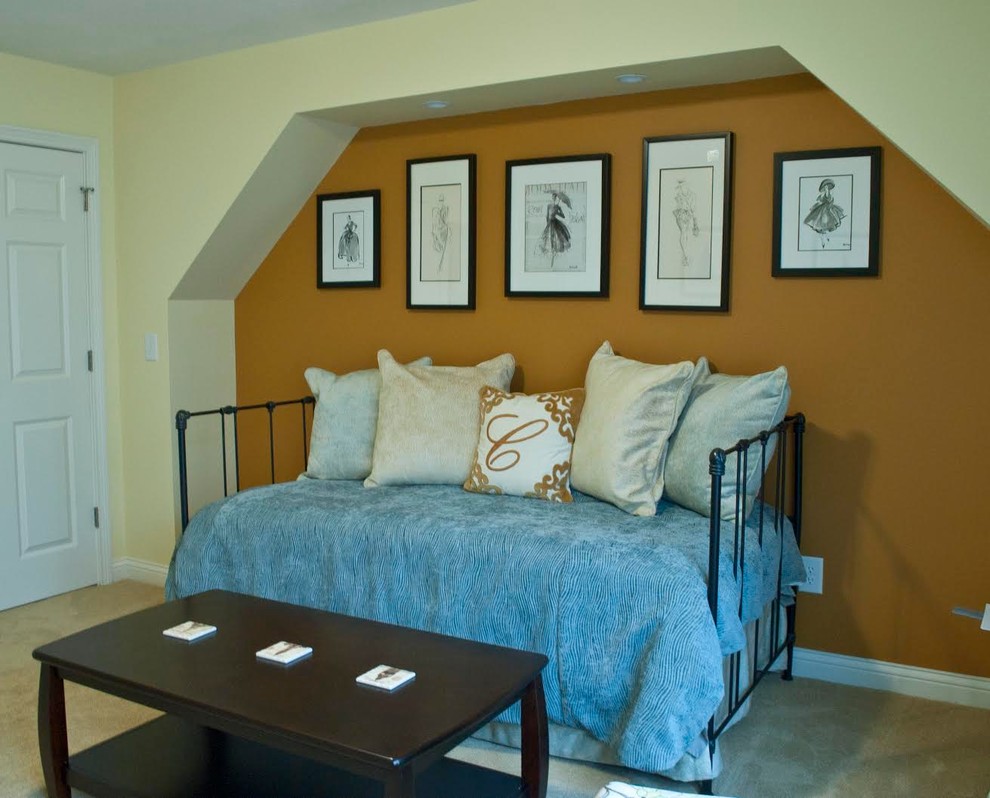 Design ideas for a medium sized traditional guest bedroom in Grand Rapids with yellow walls, carpet and no fireplace.
